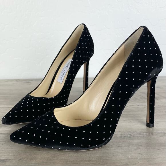 Jimmy Choo Romy 100 Silver Glitter Spotted BlackVelvet Pointy Toe Pumps Sz 6.5 - Picture 1 of 14